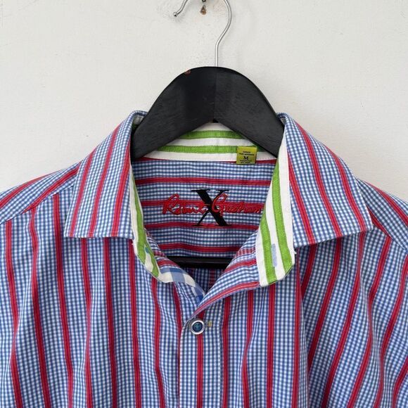 Robert Graham Blue Red Stripe Contrasting Cuffs Button Down Dress Shirt - Picture 4 of 14